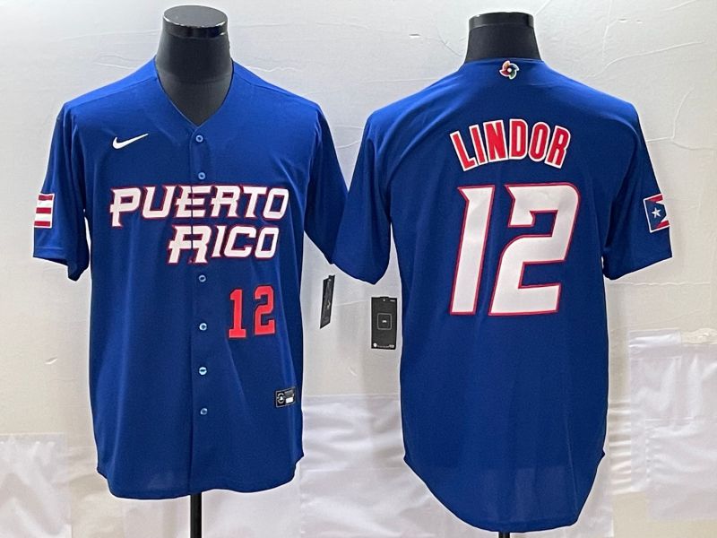 Men 2023 World Cub Puerto Rico #12 Lindor Blue Nike MLB Jersey